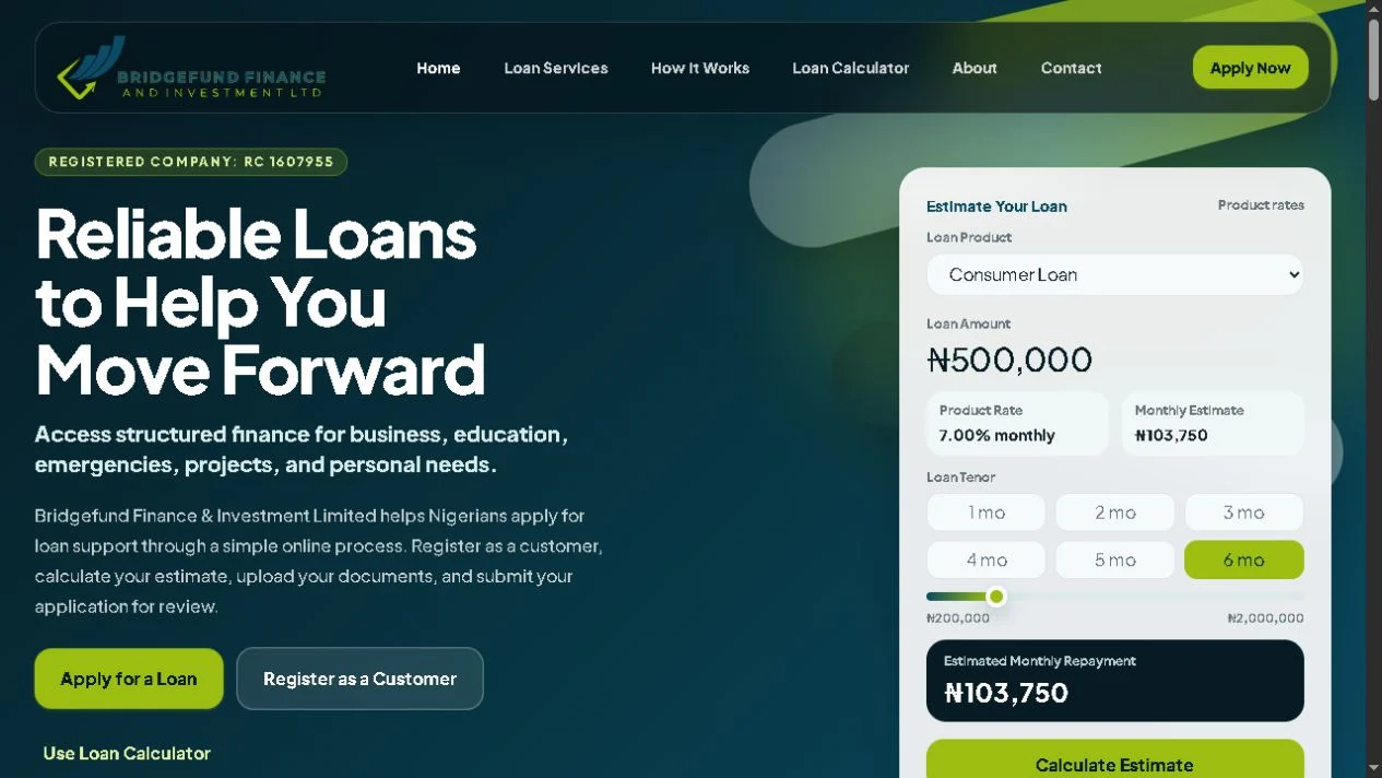 Bridgefund Finance homepage screenshot
